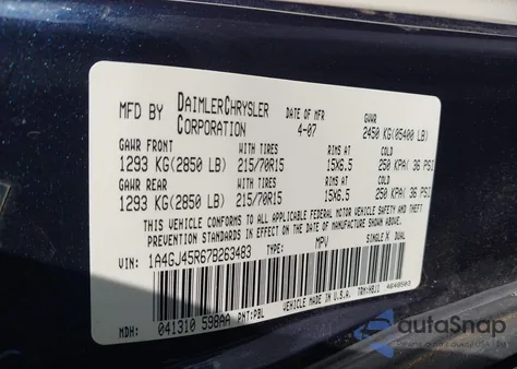 2007 Chrysler Town & Country z USA, uszkodzony, nr VIN 1A4GJ45R67B263483